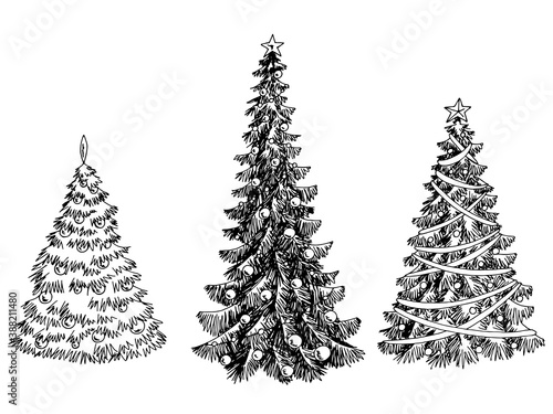 Christmas tree graphic black white New Year decor isolated sketch set illustration vector