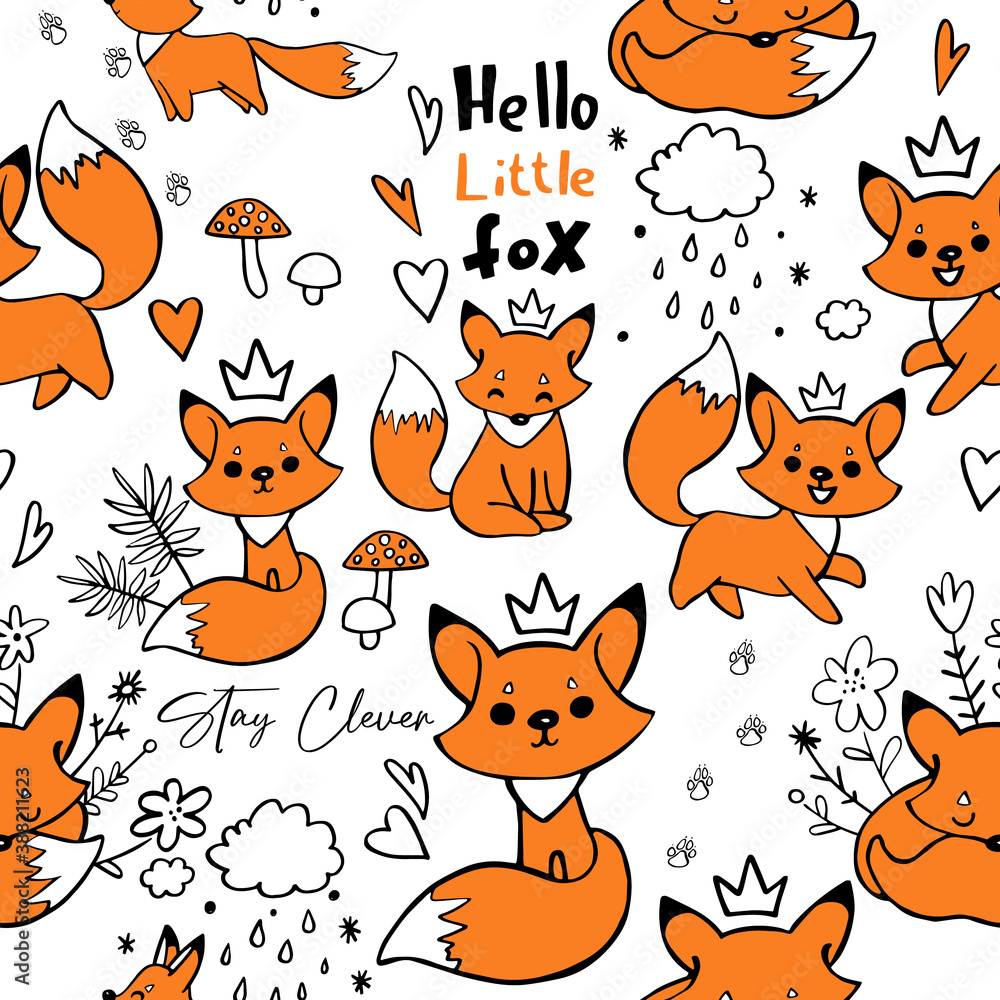 Baby fox doodle seamless pattern. Cartoon vector illustration. Cute graphic background. Print for kids. Scandinavian design for little baby room.