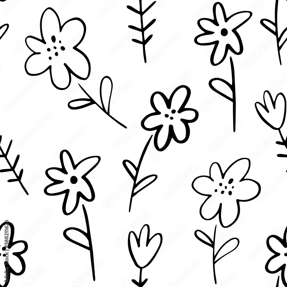 Doodle simple flower sketch seamless pattern for nursery. Cartoon vector illustration. Cute graphic background. Print for kids. Scandinavian design for little baby room.