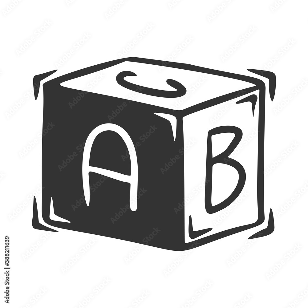 Hand drawn vector of kids cube with letters, isolated on white background.