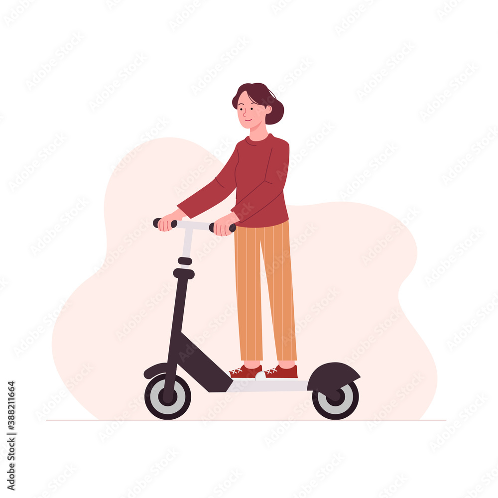 Young Woman Riding Scooter Flat Cartoon Illustration