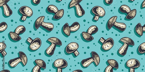 Colored seamless pattern wallpaper with vegetarian champignon and boletus silhouette for holiday. Autumn illustration of mushroom picking for nature design