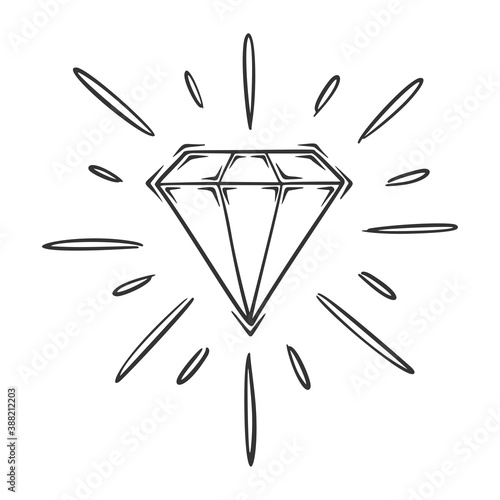 Hand drawn vector of shiny diamond, isolated on white background.