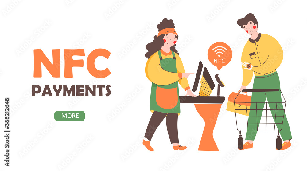 NFC - Contactless payment, flat vector landing page template. Payment from smartphone, paypass technology. NFC - Contactless payment, flat vector landing page template. Payment from smartphone, paypass technology.