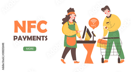 NFC - Contactless payment, flat vector landing page template. Payment from smartphone, paypass technology.