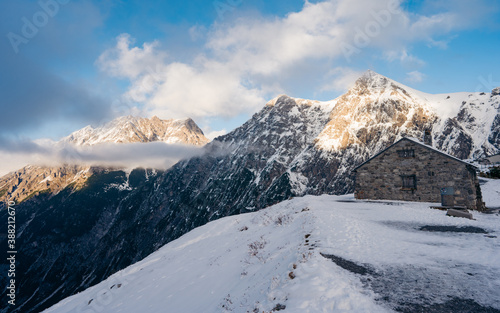 Scenic views snowy Alp mountains near Luener Lake (Luenersee). Outdoor adventure sports in winter alpine moutain landscape. Nature adventure. BRAND, BLUDENZ, VORARLBERG, AUSTRIA photo