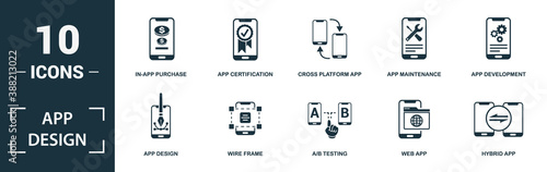 App Design icon set. Monochrome sign collection with custom app, agile methodology, app api, app testing and over icons. App Design elements set.