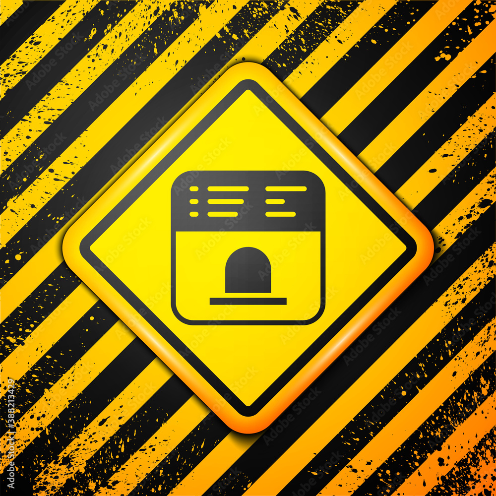 Black Ticket office to buy tickets for train or plane icon isolated on yellow background. Buying tickets. Ticket service. Warning sign. Vector. Black Ticket office to buy tickets for train or plane icon isolated on yellow background. Buying tickets. Ticket service. Warning sign. Vector.