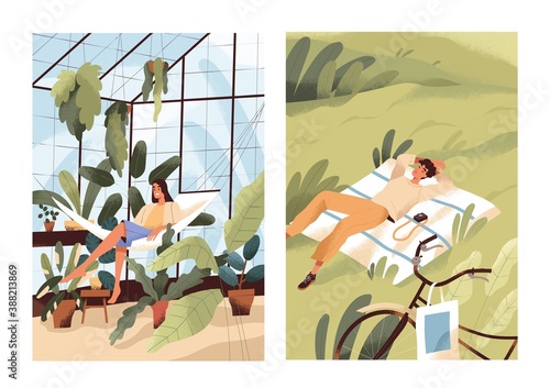 Alone with nature, solitude concept. Happy relaxed woman in greenhouse with plants. Single man relaxing or sleeping in the grass. Leisure time, resting indoors vs outdoors. Flat vector illustration