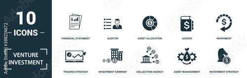 Venture Investment icon set. Monochrome sign collection with contribution, bootstrapping, regression, abatement and over icons. Venture Investment elements set.