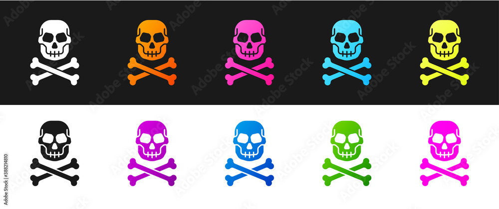 Set Skull on crossbones icon isolated on black and white background. Happy Halloween party. Vector.