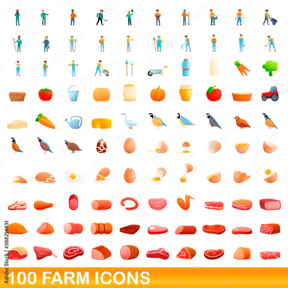 100 farm icons set. Cartoon illustration of 100 farm icons vector set isolated on white background 100 farm icons set. Cartoon illustration of 100 farm icons vector set isolated on white background