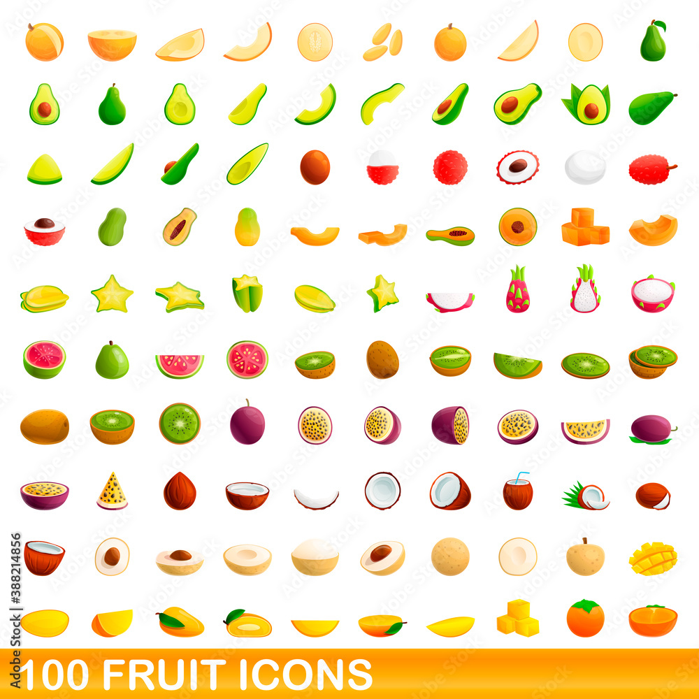 100 fruit icons set. Cartoon illustration of 100 fruit icons vector set isolated on white background 100 fruit icons set. Cartoon illustration of 100 fruit icons vector set isolated on white background