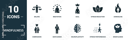Mindfulness icon set. Monochrome sign collection with balans, meditation, soul, stress reduction and over icons. Mindfulness elements set.