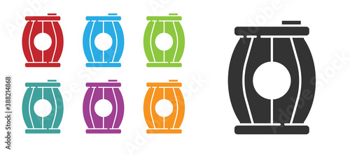 Black Gun powder barrel icon isolated on white background. TNT dynamite wooden old barrel. Set icons colorful. Vector.