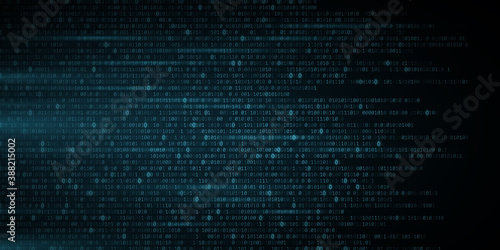Abstract glowing blue binary code background. Random programming symbols in motion. Digital data. High technology concept. Programming design. Light effect. Vector illustration