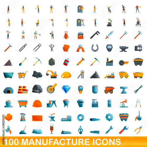 100 manufacture icons set. Cartoon illustration of 100 manufacture icons vector set isolated on white background