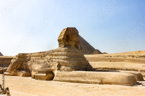 Egypt, Giza, Sphinx statue in the desert of ancient Cairo.