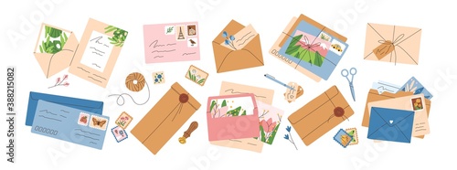 Collection of different envelopes with mail, postmarks and postcards vector flat illustration. Set of various craft paper letters, stationery, sealing wax and handmade cards isolated