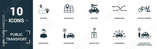 Public Transport icon set. Monochrome sign collection with routing, navigation, car hire, subway map and over icons. Public Transport elements set.
