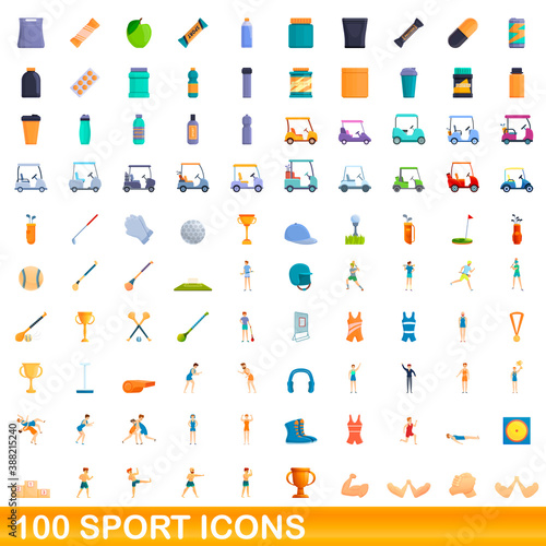 100 sport icons set. Cartoon illustration of 100 sport icons vector set isolated on white background