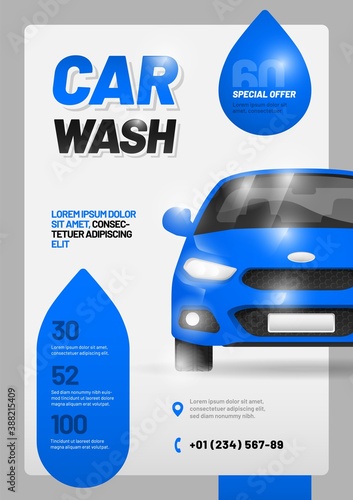 Vector layout design with car for car wash service. Adapt to poster, flyer or banner. A4 size.