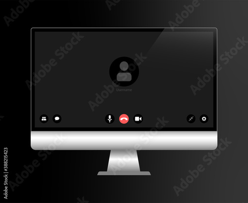 Video conference user interface on realistic computer, video conference calls window overlay.