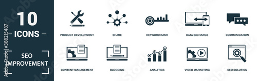 Seo Improvement icon set. Monochrome sign collection with speed optimization, sync, web development, technical service and over icons. Seo Improvement elements set.