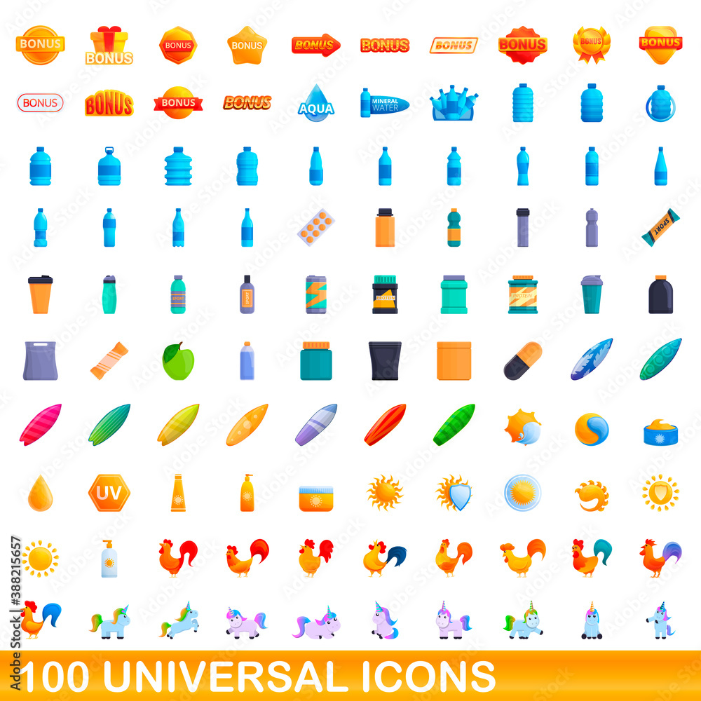 Fototapeta premium 100 universal icons set. Cartoon illustration of 100 universal icons vector set isolated on white background