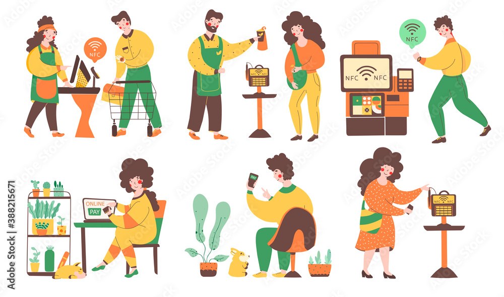 Nfc contactless online payment, illustration set in modern style. Nfc contactless online payment, illustration set in modern style.