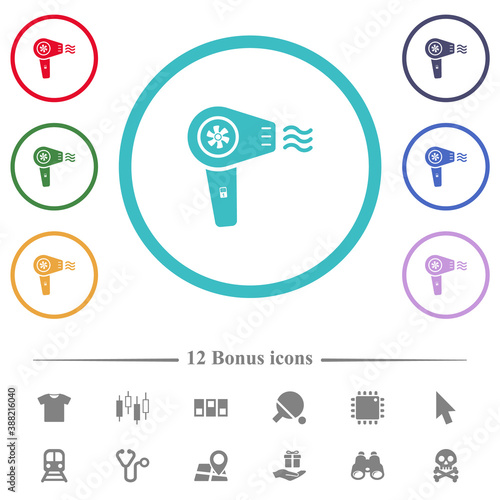 Hairdryer with propeller flat color icons in circle shape outlines