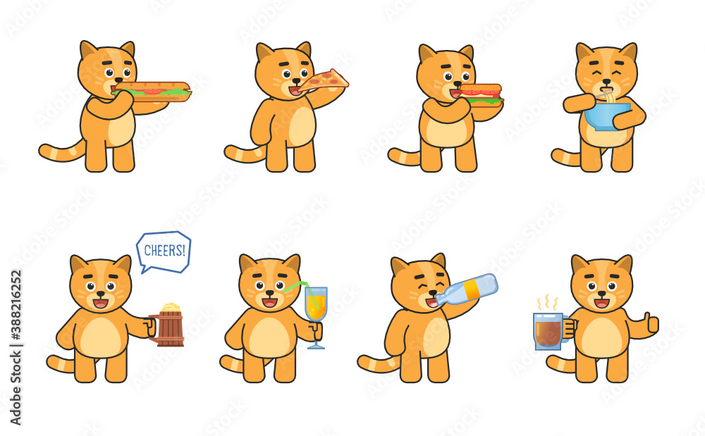 Obraz premium Set of cat characters eating fast food and drinking various drinks. Cute cat mascot holding hamburger, pizza, cup of noodles, beer mug, glass of juice. Vector illustration bundle