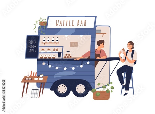 Cute waffle bar food truck with sweet snacks. Modern local street cafe with takeaway food and happy woman eating tasty dessert. Flat vector cartoon illustration on white background