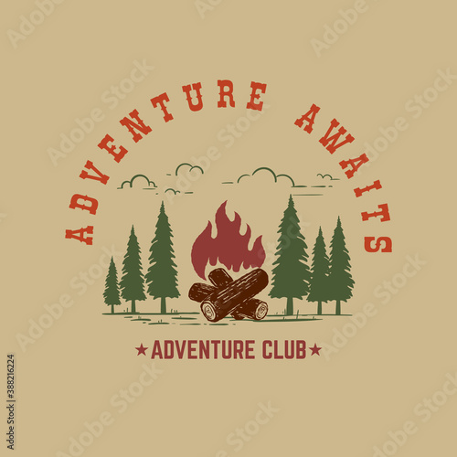 Adventure awaits. Mountains illustration with campfire. Design element for poster, card, banner, t shirt. Vector illustration
