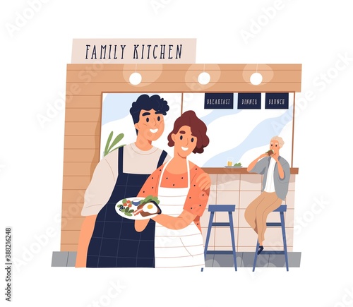 Cute family cafe with happy small business owners working. Young couple holding a plate with breakfast meal and a client eating dish. Vector illustration in flat cartoon style