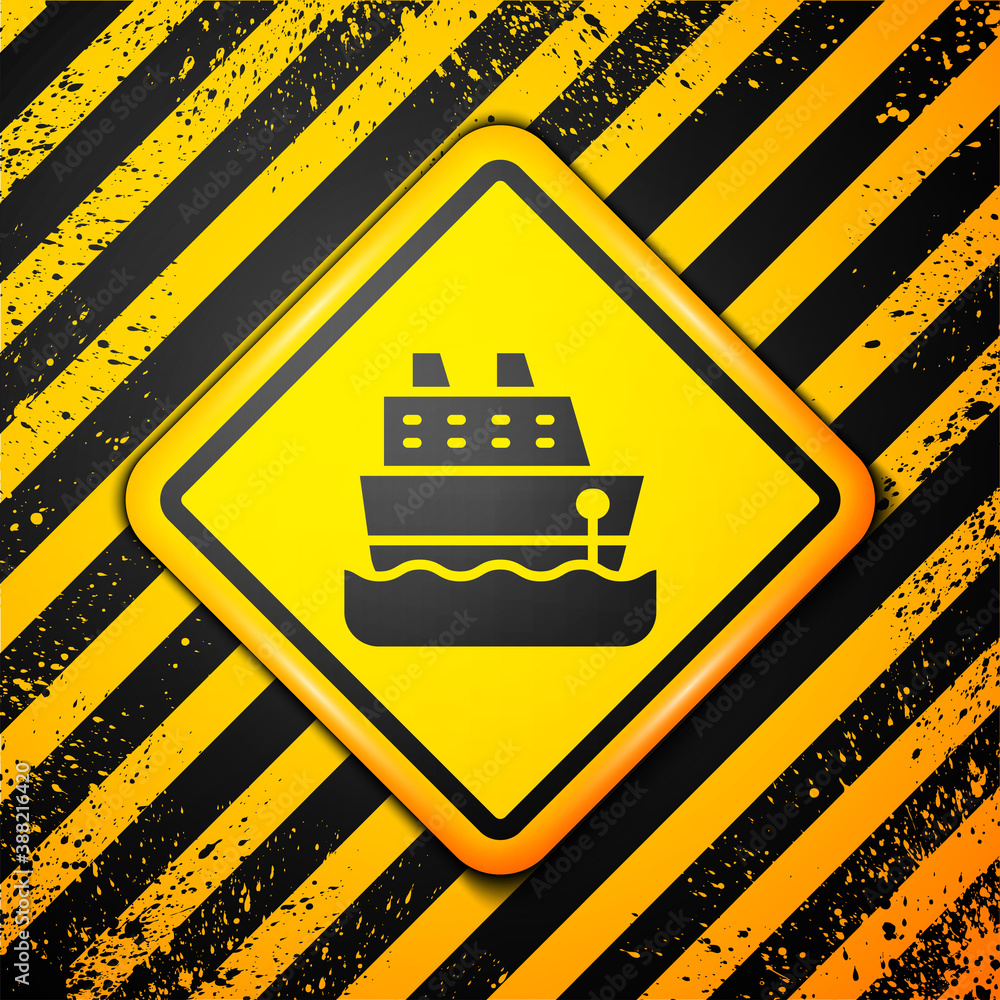 Black Cruise ship icon isolated on yellow background. Travel tourism nautical transport. Voyage passenger ship, cruise liner. Worldwide cruise. Warning sign. Vector. Black Cruise ship icon isolated on yellow background. Travel tourism nautical transport. Voyage passenger ship, cruise liner. Worldwide cruise. Warning sign. Vector.
