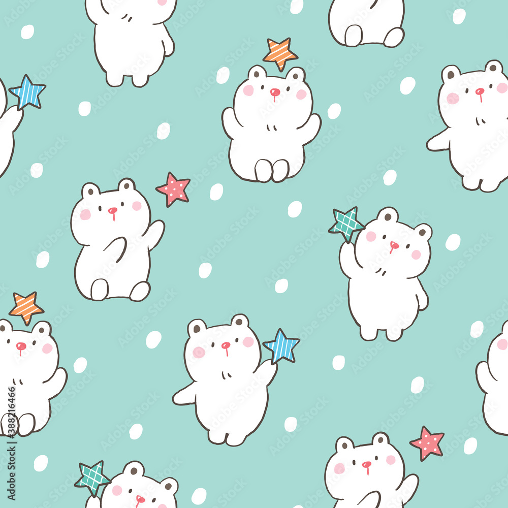 Seamless Pattern with Cartoon White Bear and Star Design on Pastel Green Background