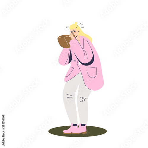 Young girl with panic attack breathing in paper bag to keep calm. Fear and stress concept