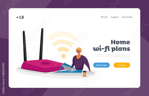 Man Work on Pc, Modern Networking Landing Page Template. Tiny Man with Laptop and Coffee Cup Sitting at Huge Wifi Router