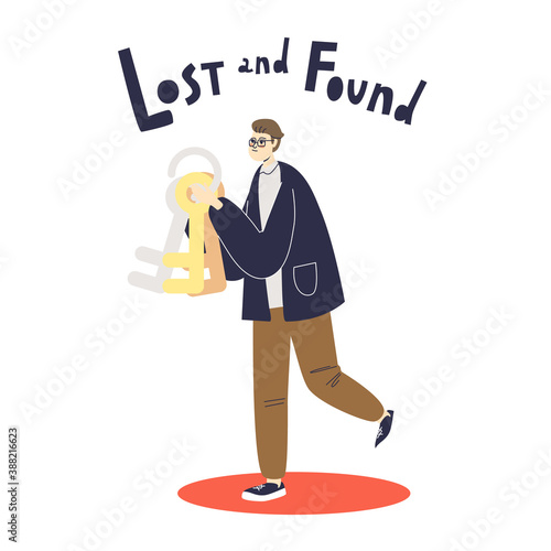 Man bringing stack of keys to lost and found service. Cartoon male character helping with loses
