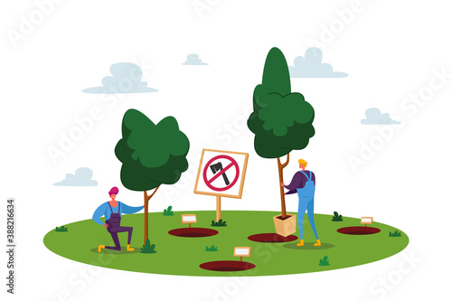 Male Characters Planting Seedlings and Trees into Soil in Garden, Save World, Reforestation Concept. Nature, Environment