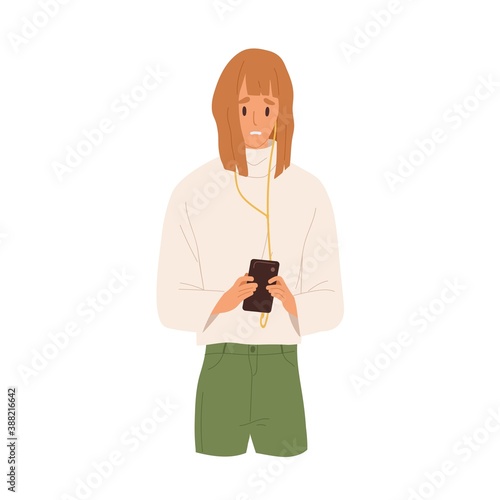 Woman read bad news on the cellphone. Female character emotion after listening disappointing message. Stressed teenager holding phone. Vector illustration in flat cartoon style