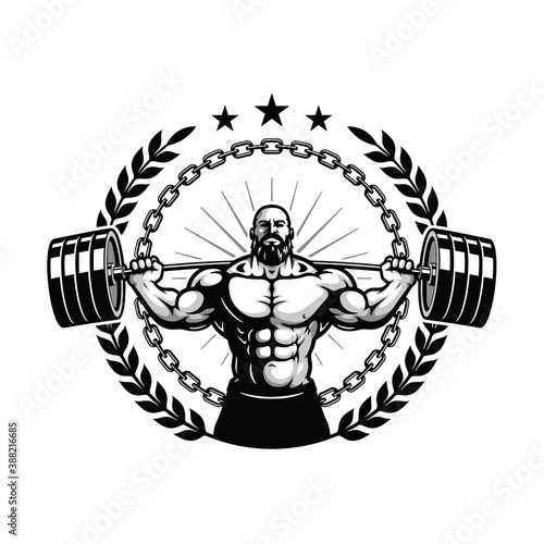 champion muscular bearded bodybuilder with heavy barbell, vector, logo, cartoon, mascot, character