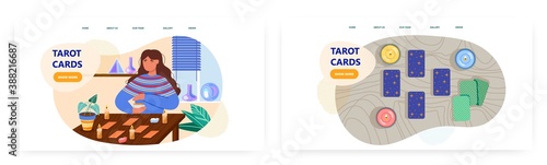 Woman fortun teller reading tarot cards and predict future. Esoteric and divination vector concept illustration. Web site design template. Occult session, tarot cards on a table