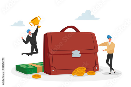 Tiny Investor Male Characters at Huge Briefcase Celebrate Win with Golden Goblet. Invest Portfolio, Stock Market Trading