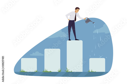 Investment, business, growth, profit concept. Businessman clerk manager leader investing time and money for financial growth. Manager pouring water for successful cash income and roi illustration.