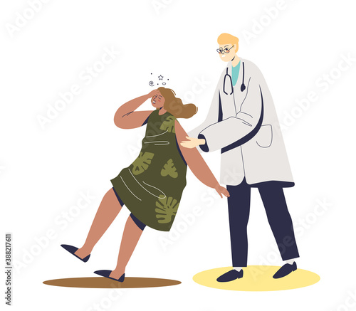 Doctor helping fainting woman. Cartoon female sinking into faint because of panic attack