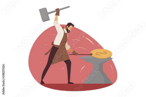 Investment, business, mining concept. Businessman manager worker entrepreneur blacksmith forging golden bitcoin on anvil. Cryptocurrency earning and digital finances internet commerce illustration.
