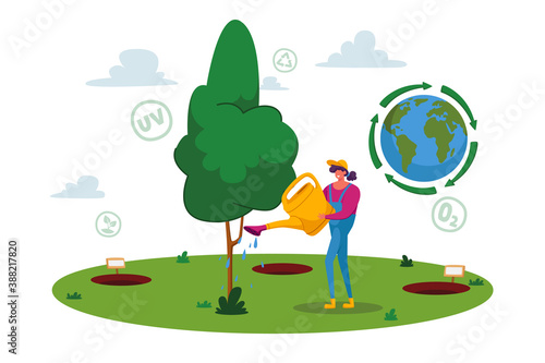 Forest Restoration, Reforestation and Planting New Trees. Woman Volunteer Character Care of Green Plant, Save Nature