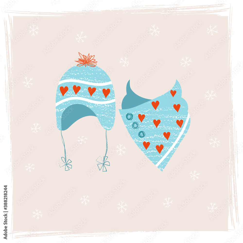 Hat with ties with red pompom and knitted scarf made of warm yarn. Set of warm knitted clothing for the cold season. Winter accessories in scandinavian style in soft blue colors and red hearts. Hat with ties with red pompom and knitted scarf made of warm yarn. Set of warm knitted clothing for the cold season. Winter accessories in scandinavian style in soft blue colors and red hearts.